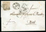 Stamp of Switzerland / Schweiz » Sitzende Helvetia Ungezähnt 1854 1 Fr Strubel violettgrau, farbfrisch und tadellos, mit schwarzer Raute auf Faltbriefhülle