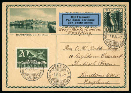 Stamp of Switzerland / Schweiz » Schweiz ab 1907 1.5.1931 mit SEHR SELTENEN SWISSAIR ERSTFLUG: Genf-Lyon-Paris-Londn