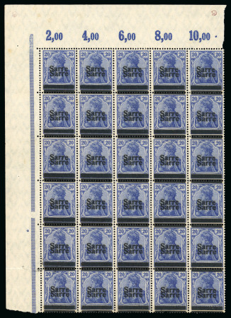 Stamp of Germany » Plebiscite Areas » Saar 1920 20pf dark cobalt with double overprint in mint n.h. top left corner marginal block of 30
