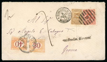 Stamp of Uruguay 1872 (May 6) Envelope to Italy with 1877-79 10c and 20c, disinfected and with rare "con Bastim. Mercant." hs