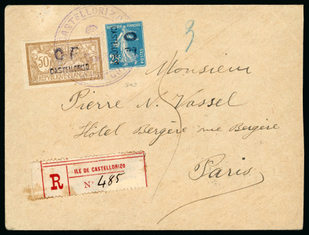 Stamp of Colonies françaises » Castellorizo (Occupation française) CASTELLORIZO: 1920 Registered envelope to Paris, franked "OF CASTELLORIZO" hs on France Sower 25c and Merson 50c