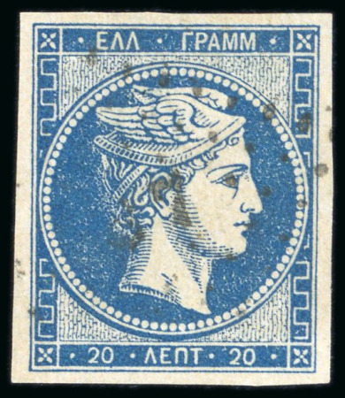 Stamp of Greece » Large Hermes Heads » 1861-62 First Athens Coarse Printing 20L Deep ultramarine, used,  large even margins, misplaced
