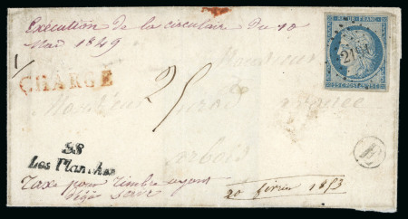 Stamp of France » Type Cérès de 1849-1850 FRAUDE POSTALE: 1850, 25c bleu avec quatres marges intactes tout autour, déja oblitéré PC '2191' 