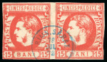 Stamp of Romania » King Carol 1869 - "Without Beard" Imperforate 1869 15b pair, just cut into in places, neatly cancelled by the rare telegraph post "RIMN SARAT" thimble cds