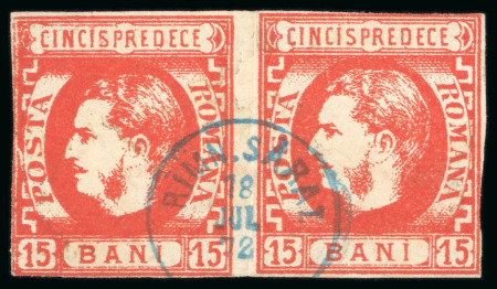 Stamp of Romania » King Carol 1869 - "Without Beard" Imperforate 1869 15b pair, just cut into in places, neatly cancelled by the rare telegraph post "RIMN SARAT" thimble cds