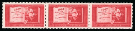 Stamp of Romania » Later Issues 1952 Birth of Ion Caragiale 11lei with 20b surcharge omitted in mint n.h. strip of three