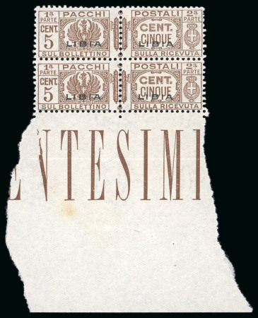 Stamp of Italy » Italian Colonies and Possessions » Libya Parcel Post: 1939 5c brown in mint n.h. lower marginal block of four
