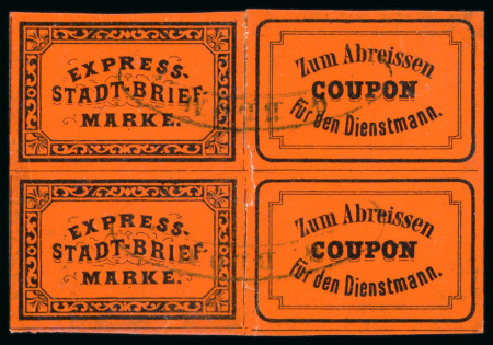 Stamp of German States » Lubeck Locals: 1869 Express City post vertical pair with coupon