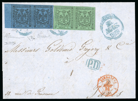 Stamp of Italian States » Modena 1852-54, 5 c. verde con punto, coppia orizzontale, 40 c. azzurro scuro, rara coppia orizzontale con il primo esemplare senza ed il secondo con il punto dopo le cifre,  su lettera per Parigi