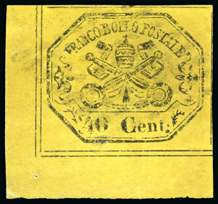 Stamp of Italian States » Papal States 1867, 40 c. giallo, esemplare eccezionale angolo di foglio, 