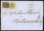 Stamp of Italian States » Papal States 1852, 3 b., due esemplari, uno in bruno cuoi ed uno in giallo cromo grigiastro, gran parte di filetti di separazione, su lettera
