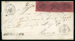 Stamp of Italian States » Papal States 1867 20c Indian Red, horizontal INTERPANNEAU PAIR plus single used on insured cover from Palestrina