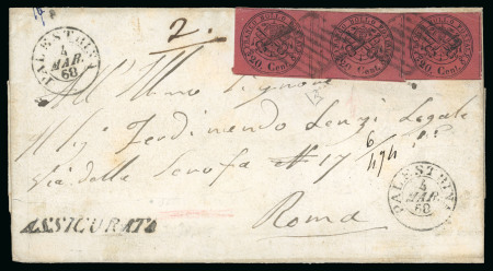 Stamp of Italian States » Papal States 1867 20c Indian Red, horizontal INTERPANNEAU PAIR plus single used on insured cover from Palestrina