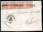 Stamp of Italian States » Naples 1859, 1 gr. rosa carminio, II tavola, striscia verticale di quattro, su lettera assicurata da Caserta per Napoli, eccezionalmente annullata con bollo "ASSICURATA" di località diversa da Napoli, indirizzata al "Generale 