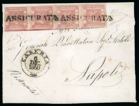 Stamp of Italian States » Naples 1859, 1 gr. rosa carminio, II tavola, striscia verticale di quattro, su lettera assicurata da Caserta per Napoli, eccezionalmente annullata con bollo "ASSICURATA" di località diversa da Napoli, indirizzata al "Generale 