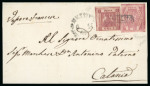 Stamp of Italian States » Naples 1859 10gr Bright Carmine, plate II + 1gr Dark Carmine, plate II, each with ample to large margins, tied together by boxed "Annullato" hs, on ship mail cover