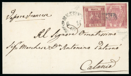 Stamp of Italian States » Naples 1859 10gr Bright Carmine, plate II + 1gr Dark Carmine, plate II, each with ample to large margins, tied together by boxed "Annullato" hs, on ship mail cover