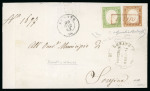 Stamp of Italy » Regno d'Italia 1863, 5 c. verde chiaro e 10 c. bistro, entrambi ben marginati ed annullati con bollo con riquadratura senza data "LONATO" in rosso,  Sassone R2