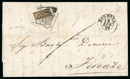 Stamp of Italian States » Papal States 1852, 3 b. bistro arancio, frazionato verticalmente ad un terzo, in combinazione con un 8 b. bianco, frazionato diagonalmente a metà, entrambi annullati con griglia ed usati per coprire la tariffa di 5 bajocchi su lette