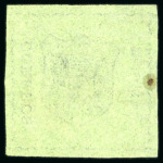 Stamp of Dominican Republic 1865 Medio Real black on green, attractive and rare set of three reprints on wove paper, laid paper and watermarked paper