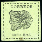 Stamp of Dominican Republic 1865 Medio Real black on green, attractive and rare set of three reprints on wove paper, laid paper and watermarked paper