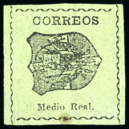 Stamp of Dominican Republic 1865 Medio Real black on green, attractive and rare set of three reprints on wove paper, laid paper and watermarked paper