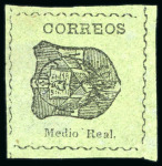 Stamp of Dominican Republic 1865 Medio Real black on green, attractive and rare set of three reprints on wove paper, laid paper and watermarked paper