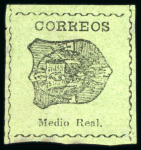Stamp of Dominican Republic 1865 Medio Real black on green, attractive and rare set of three reprints on wove paper, laid paper and watermarked paper