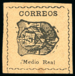 Stamp of Dominican Republic 1865 Medio Real black on green, attractive and rare set of three reprints on wove paper, laid paper and watermarked paper