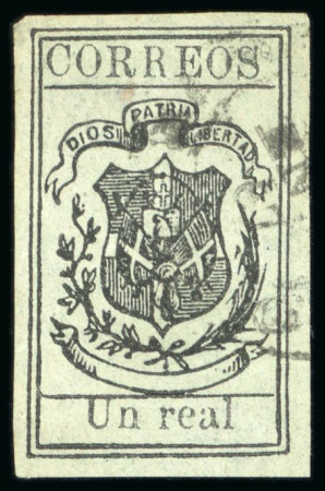 Stamp of Dominican Republic 1866 Un Real black on pale green, laid paper, used