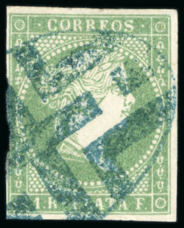 Stamp of Dominican Republic 1857 Spanish Colonial 1r green, used with blue "Cr