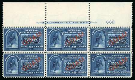 Stamp of United States » U.S. Possessions » Guam 1899 Special Delivery 10c blue showing dots in curved frame above messenger's head variety, in mint nh top plate block