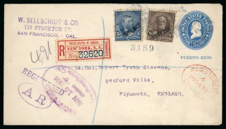 Stamp of United States » U.S. Possessions » Puerto Rico (US) » U.S. Administration - Regular Issues 1900 (Nov 15). Registered 5c stationery envelope from San Francisco to Plymouth (England), uprated with 1899 5c & 8c 