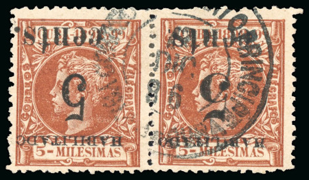 Stamp of United States » U.S. Possessions » Puerto Príncipe 1898 5c on 5m orange-brown, first printing, inverted surcharge combination pair showing both overprint types