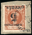 Stamp of United States » U.S. Possessions » Puerto Príncipe 1898 5c on 3m orange-brown, second printing, position 1, inverted overprint variety, tied to piece