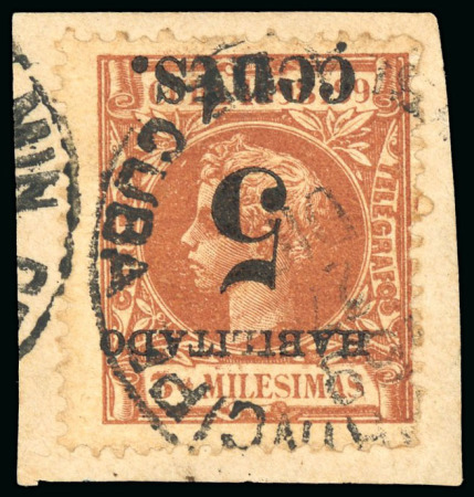 Stamp of United States » U.S. Possessions » Puerto Príncipe 1898 5c on 3m orange-brown, second printing, position 4, inverted surcharge error used 