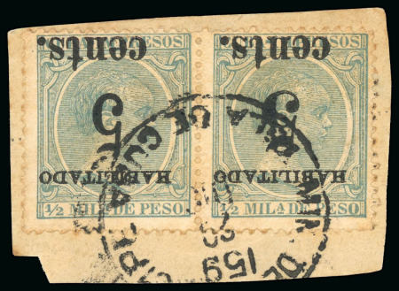 Stamp of United States » U.S. Possessions » Puerto Príncipe 1898 5c on 1/2m blue-green, second printing, used, pair, inverted surcharge variety, the types of overprint 