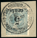 Stamp of United States » U.S. Possessions » Puerto Príncipe 1898 5c on 1/2m blue-green, second printing, position 5, neatly tied to small piece with inverted overprint variety