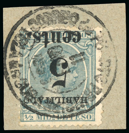 Stamp of United States » U.S. Possessions » Puerto Príncipe 1898 5c on 1/2m blue-green, second printing, position 5, neatly tied to small piece with inverted overprint variety
