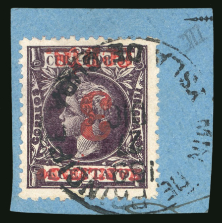 Stamp of United States » U.S. Possessions » Puerto Príncipe 1898 3c on 1c black-violet, fourth printing, position 3, inverted overprint variety, used, tied to a piece 