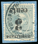 Stamp of United States » U.S. Possessions » Puerto Príncipe 1898 3c on 1m blue-green, fifth printing, position 2, inverted surcharge, used,