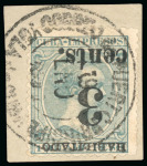 Stamp of United States » U.S. Possessions » Puerto Príncipe 1898 3c on 1m blue-green, fifth printing, position 5, inverted overprint, used, piece