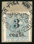 Stamp of United States » U.S. Possessions » Puerto Príncipe 1898 3c on 2m blue-green, fifth printing, position 2, used on small piece, 