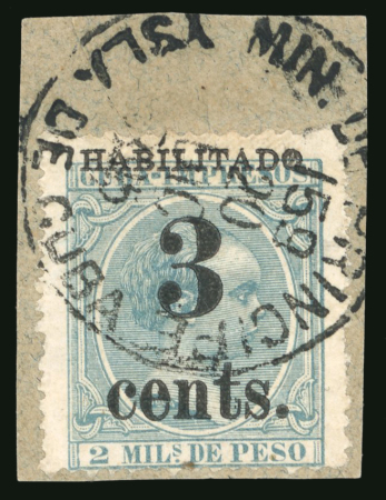 Stamp of United States » U.S. Possessions » Puerto Príncipe 1898 3c on 2m blue-green, fifth printing, position 2, used on small piece, 