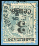Stamp of United States » U.S. Possessions » Puerto Príncipe 1898 3c on 2m blue-green, fifth printing, position 2, inverted surcharge variety,