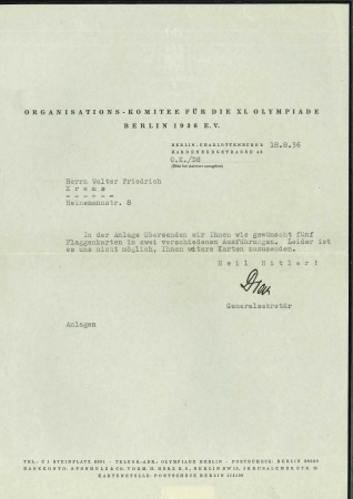 Stamp of Olympics » 1936 Berlin » Other Memorabilia 1936 Berlin, three items incl. signed letter from von Tschammer and signed letter from Diem