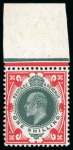 Stamp of Great Britain » King Edward VII » 1911-13 Somerset House Issues 1911 1s deep green and scarlet with variety no Crown watermark, mint n.h. top marginal