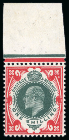Stamp of Great Britain » King Edward VII » 1911-13 Somerset House Issues 1911 1s deep green and scarlet with variety no Crown watermark, mint n.h. top marginal