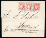 Stamp of Romania » King Carol 1871 - "With Beard" Imperforate 1872 (May 2) Cover to Itzcani very rare backstamp of the Romanian post office abroad very rare strip of three 5