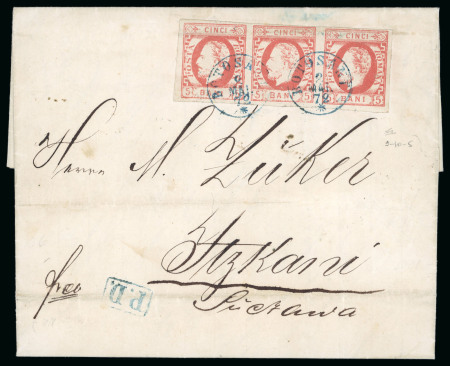 Stamp of Romania » King Carol 1871 - "With Beard" Imperforate 1872 (May 2) Cover to Itzcani very rare backstamp of the Romanian post office abroad very rare strip of three 5
